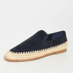 New Vince Navy Blue Suede Espadrille With Weaved Raffia Base Trim. 100% Leather - Suede I Don’t Have The Box But They Come With Original Dust Cover. Summer Suede Loafers With Woven Sole, Spring Suede Loafers With Woven Sole, Blue Leather Espadrilles With Woven Sole, Blue Leather Espadrilles With Round Toe, Blue Leather Round Toe Espadrilles, Blue Leather Slip-on Espadrilles, Blue Leather Closed Toe Espadrilles, Blue Summer Loafers For Work, Blue Summer Workwear Loafers