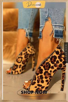 Suede Zipper Design Peep Toe Heeled Boots Cute Heel Boots, Boots Leopard, Cheetah Print Heels, Chic Heels, Fabulous Shoes, Hot Shoes, Fashion Sandals, Shoes Pumps, Peep Toe Heels