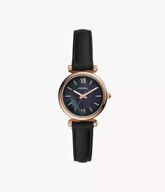 Carlie Mini Three-Hand Black Leather Watch - ES4700 - Fossil Stackable Necklaces, Black Leather Watch, Faith Jewelry, Fossil Jewelry, Leather Strap Watch, Pendant Watches, Engagement Ring Guide, Three Hands, Roman Numeral