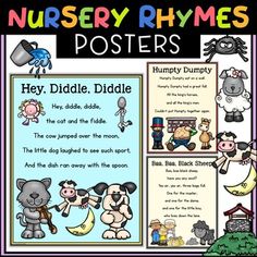 nursery rhymes posters with pictures of animals and other things to read on them