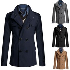 Men Gent Winter Formal Trench Coat Double Breasted Overcoat Long Jacket Outwear Feature: 100% Brand New And High Quality Style: Fashion,Hot,Casual Season:Spring,Fall,Winter Material:Polyester Size:M,L,XL,3XL Occasion: Everyday,Daily,Business Pattern:Solid Packing:1PCS*Coat Please note:Due to the light and screen difference, the item's color may be slightly different from the pictures. Please understand. We guarantee the style is the same as shown in the pictures,but not the same performance on different bodies as on the model. Thanks! Size Chart Size (CM) Length Bust Sleeve Shoulder Waist Hip S - - - - - - M 72 102 62 42 - - L 74 106 63 44 - - XL 76 110 64 46 - - 2XL 78 114 65 48 - - 3XL 80 118 66 50 - - One Size - - - - - - Note:1.  1cm=0.39 inch; 2. Item size information manual measureme Winter Cotton Blazer With Stand Collar, Fitted Solid Color Double-breasted Wool Coat, Fitted Long Sleeve Outerwear With Double Button Closure, Fitted Pea Coat With Stand Collar, Fitted Solid Double-breasted Outerwear, Single Breasted Fitted Pea Coat With Stand Collar, Fall Long Sleeve Peacoat, Fitted Long Wool Coat Casual Style, Casual Fitted Long Wool Coat