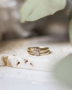 two gold wedding rings sitting on top of a white marble slab next to a green plant