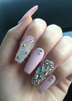 Pink rhinestone bling nails💖 #coffinnails #pink #bling #rhinestone #pxienails #longnails #3dnails Nails With Pearls And Diamonds, Rhinestone On Pinky Nail, Pink Nails Bling Rhinestones, Pink Nails Diamonds Rhinestones, Pink Nails With Pearls, Pink Bling Nails Rhinestones Sparkle, Gem Placement, Full Nails, Jeweled Nails