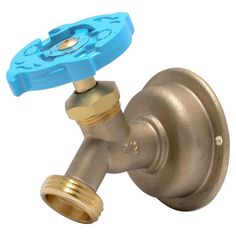 an image of a brass faucet with blue handle