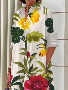 A-Line Long Sleeves Flower Print Pockets Split-Joint Lapel Midi Dresses White Flower Shaped Summer Dress, Evening Midi Dress, Button Shirt Dress, Women Flower, Dress Long Sleeves, England Fashion, Women Cargos, Long Shirt Dress, White Shirt Dress