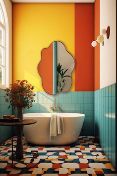 a bath tub sitting next to a window with a mirror on the wall above it