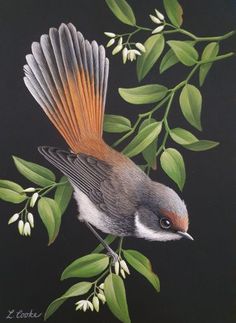 a painting of a bird sitting on top of a tree branch with leaves and flowers