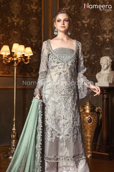 Organza Shirt Dress with Embroidery for Party Organza Shirt, Winter Formal Dresses, Dress With Embroidery, Pakistani Salwar Kameez, Chiffon Collection, Maria B, Embroidered Wedding, Salwar Kameez Designs, Gray Weddings