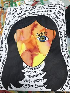 a drawing of a woman's face with words written on it