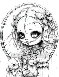 a black and white drawing of a girl with big eyes