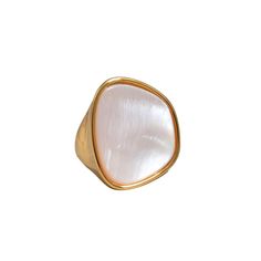 a gold ring with a mother's day shell in the center on a white background