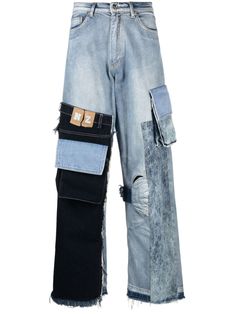 blue cotton denim patchwork design belt loops multiple cargo pockets frayed hem When buying this unisex item, keep in mind that it is graded in standard men's sizing. Blue Denim Patchwork Cargo Jeans, Denim Blue Cargo Jeans With Patchwork, Blue Denim Cargo Jeans With Patchwork, Patchwork Denim Cargo Jeans For Streetwear, Blue Patchwork Cotton Cargo Jeans, Denim Blue Patchwork Straight Leg Cargo Jeans, Blue Cotton Jeans With Multiple Pockets, Utility Jeans With Cargo Pockets In Recycled Denim, Streetwear Recycled Denim Cargo Jeans With Side Pockets