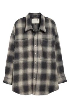 A bit of a blur brings a gritty grunge beat to an oversized shirt cut from soft cotton flannel. Front button closure Spread collar Long sleeves with button cuffs Chest patch pockets 100% cotton Machine wash, line dry Imported Designer Clothing Oversize Flannel, Short Sleeve Flannel, Cargo Pants Outfit, Oversized Flannel, Grey Ombre, Baggy Shorts, Halloween Outfit, Cut Shirts, Cotton Flannel