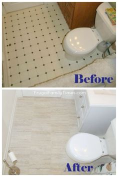 before and after photos of a bathroom with tile flooring