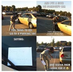 a man is standing in front of a yellow car and pointing to the parking lot