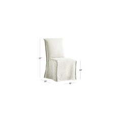 a white chair with measurements for it's seat and the back end upholstered