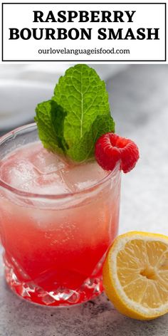 raspberry bourbon smash with lemon and mint garnish