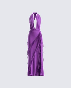 If you want to get everything you want, just wear this dress 👑 Made from georgette fabric, and complete with ruffle and ruching details, a high slit, and a low open back - this purple maxi dress will have everyone treating you like royalty 💜 Finesse Dress, Pink Lace Maxi Dress, Purple Ruffle Dress, White Corset Dress, Future Of Fashion, Purple Maxi, Yellow Mini Dress, Purple Maxi Dress, Ruffle Maxi Dress