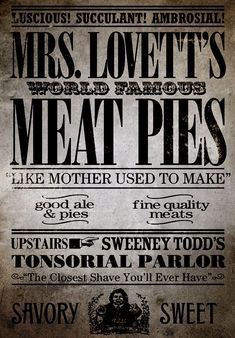 an old poster advertising meat pies from the 1800s's, with words in english and