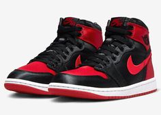 ad eBay - Air Jordan 1 High OG WMNS “Satin Bred”. Dressed in the iconic “Bred” makeup of Black, Red, and White. The difference on this release could be a new version of the Wings logo as well as a possible Black rubber outsole instead of Red. Jordan 1 Mid Banned, Nike Jordan 1 Mid, Tenis Nike Air, Asics Tiger, Jordan Ones, Nike Internationalist, Jordan Sneaker, Blue Roan, Nike Air Jordan 1 Mid