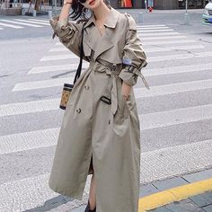 Classic Large Collar Belted Twill Long Trench Coat Calf Length Overcoa – sunifty Oversized Trench Coat, Trench Coat Outfit, Trench Coat Style, Maxi Dresses Fall, Fall Winter Dresses, Classic Trench Coat, Long Trench, Stand Up Collar, Long Trench Coat