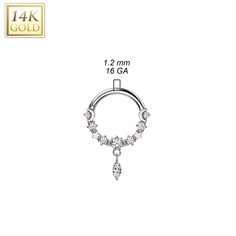 This 14K solid gold hoop nose ring adds an elegant touch of sophistication to any look. Featuring a hinged segment setting and Dangle Marquise CZ, this premium segment ring is perfect for adding a lux look to your nose, septum, ear piercings. A timeless piece for any jewellery collection.Thickness: 16 Gauge (1.2 mm)Material: 14Kt. GoldStone Material: CZSold by: 1Pc Elegant White Gold Nose Rings In Sterling Silver, Elegant White Gold Sterling Silver Nose Ring, Elegant Hoop Septum Ring With Prong Setting, Elegant Silver Nose Ring With Prong Setting, Elegant Diamond Septum Ring, Elegant Round Diamond Septum Ring, Elegant Wedding Septum Ring With Prong Setting, Elegant White Gold Hoop Septum Ring, Elegant Wedding Septum Ring