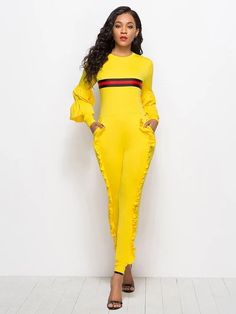 Striped Falbala With Pockets Sports Jumpsuit - rrdeye Sports Jumpsuit, Stylish Jumpsuit, Belted Romper, Bodycon Jumpsuit, Long Romper, Boho Style Dresses, Long Jumpsuits, Jumpsuit Fashion, Long Sleeve Romper