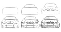 four different cars are shown in the same drawing style, each with their hoods open