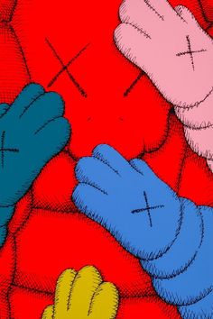 an image of two cartoon characters on a red and blue background with one holding the other's hand