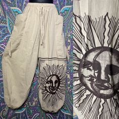 Sun Moon Oversized Pocket Pants Cotton Pattern Unisex Hippy Festival Blue Grey Black Green Dungarees - Etsy Moon Outfit Male, Summer Cotton Parachute Pants With Drawstring, Baggy Drawstring Parachute Pants For Summer, Summer Baggy Drawstring Harem Pants, Comfortable Summer Harem Pants With Pockets, Spring Festival Cotton Pants, Hippie Relaxed Fit Harem Pants For Summer, Summer Hippie Relaxed Fit Harem Pants, Bohemian Relaxed Fit Harem Pants With Drawstring