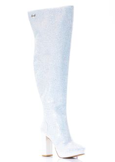 Looking for the ultimate pair of footwear to complete your outfit this season? This white rhinestone thigh high boot is a great choice for style and comfort. Made from a luxurious faux-suede material for a stylish look that will last. Adds a touch of glamour to any outfit. A classic piece that's versatile enough to g White Thigh High Boots For Party, White Thigh High Party Boots, Elegant Knee-high Boots With Rhinestones, Chic Rhinestone Boots For Party Season, Glamorous Thigh High Heeled Boots For Party, Glamorous Thigh-high Party Boots, Winter Party Boots With Rhinestones, Elegant Knee-high Rhinestone Boots, Glamorous Fitted Heeled Boots With Rhinestones