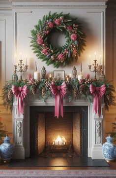 a fireplace decorated for christmas with candles and wreath