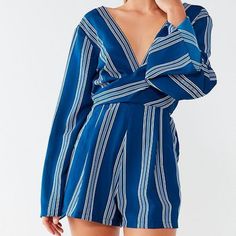 Flowy Sleeves, Short Romper Cute Stripes Partial Open Back Shows Off Your Figure, Cinched At Waist Perfect For Date Night Or Brunch! Excellent Condition, New With Tag - See Photos Blue Long Sleeve Jumpsuit For Vacation, Blue Long Sleeve Jumpsuits And Rompers For Vacation, Blue Long Sleeve Jumpsuits And Rompers For Beach, Urban Outfitters Jumpsuits For Spring Day Out, Urban Outfitters Summer Beach Jumpsuits And Rompers, Urban Outfitters Jumpsuits And Rompers For Spring Day Out, Lace Rompers Women, Terry Cloth Romper, Urban Outfitters Romper