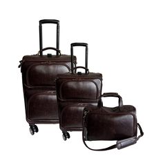 Upgrade your travel experience with the Amerileather Waxy Brown Leather Three Piece Set Traveler. With its premium leather construction, spacious interiors, durable hardware, spinner wheels, telescopic handles, and classic brown design, this set offers both style and functionality for your travel needs. Whether you're going on a short trip or a longer journey, this luggage set provides the perfect combination of durability and sophistication.. 27-inch upright suitcase on removable spinner wheels features Classic Brown Travel Cases, Classic Leather Luggage For Trip, Leather Travel Cases With Leather Trim, Brown Leather Luggage For Business Trips, Classic Leather Travel Accessories With Luggage Sleeve, Classic Brown Luggage For Overnight Trips, Classic Brown Luggage With Leather Trim, Leather Travel Case With Leather Lining, Brown Leather Travel Accessories With Leather Trim