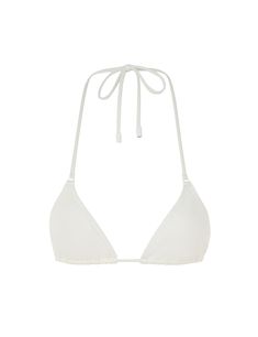 The Separates Mini Tri in Ivory from our Summer Swim 2024 Collection. A triangle bikini top constructed from form-fitting Italian lycra featuring fully adjustable neck and under bust ties finished with toggle ends. White Triangle Top Swimwear With String Tie, White Fitted Swimwear With String Tie, White Adjustable Triangle Halter Top, White Fitted Triangle Halter Top, Chic White Swimwear With Padded Cups, Fitted White Halter Top With Tie-side Bottom, Fitted Triangle Swimwear With Padded Cups, White Adjustable Tie Back Swimwear, White String Tie Swimwear For Summer