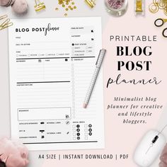 the printable blog post planner is on top of a pink background with gold accents