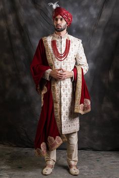 Shop for these amazing collections of White Raw Silk Embroidered Sherwani Set For Men by Soniya G online at Aza Fashions. White Sherwani, Grey Lehenga, Groom Sherwani, Embroidered Sherwani, Red And White Weddings, Suit Combinations, Kurti Style, Sherwani Groom, Brown Suit