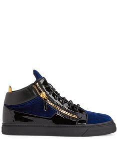 Blue patent leather/leather/velvet Kriss sneakers from Giuseppe Zanotti featuring high-shine detailing, velvet effect, logo patch at the tongue, round toe, front lace-up fastening, short side zip fastening, branded insole and flat rubber sole. | Giuseppe Zanotti Kriss sneakers Designer Patent Leather Sneakers For Streetwear, Designer High-top Patent Leather Sneakers, Designer Patent Leather Sneakers With Contrast Sole, Luxury Patent Leather Low-top Sneakers, Luxury Low-top Patent Leather Sneakers, Luxury Patent Leather Sneakers For Streetwear, Luxury Patent Leather Streetwear Sneakers, Sporty Leather High-top Sneakers With Zipper, Leather Lace-up High-top Sneakers With Zipper