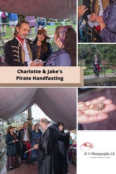 people are standing under a tent and talking to each other with the caption charlotte & jake's pirate handfasting