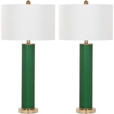 pair of green snake skin lamps with gold base and white shade on each lamp's sides