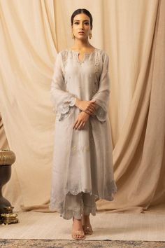 Grey pure organza silk straight kurta with zardozi, french knots and resham hand embroidery. Comes with bamberg satin salwar and a dupatta. - Aza Fashions Kurta Pant Set, A Line Kurta, Casual Party Dresses, Embroidery Designs Fashion, Fancy Dress Design, Indian Designer Outfits, Satin Color, Kurta With Pants, Silk Dupatta