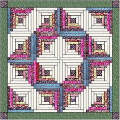 a quilt made with blocks and squares in pink, blue, green and white colors