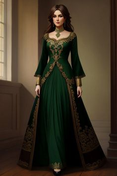 Green And Gold Medieval Dress, Green Midevil Gown, Casual Royal Dress, Sarah Fantasy Dress, Mid Evil Dresses Princesses, Royal Evening Gowns, Medieval Fantasy Dress Warriors, Medevil Outfits Women Royal, Mediavel Dress