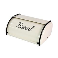 a white bread bin with the word bread written on it's front and side