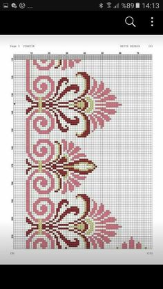 a cross stitch pattern with pink flowers and leaves on it, in the middle of a page