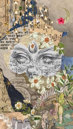 an altered collage with flowers and other things on it's surface, including the face of a woman