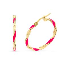 These pink enamel ribbon twist hoop earrings are a playful take on a classic style. 14K gold. Each hoop features a sculpted twist of polished and neon pink enamel ribbons. 20.0 x 2.0mm hoops. Latch backs. Pink Enamel Hoop Jewelry, Pink Enamel Hoop Earrings, Elegant 14k Gold Pink Hoop Earrings, Elegant Pink 14k Gold Hoop Earrings, Twist Hoop Earrings, Pink Enamel, Birthday Presents, Neon Pink, Classic Style