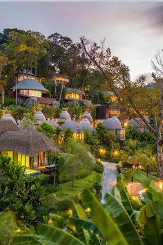 the resort is surrounded by lush vegetation and lit up lights at night, with thatched huts on each roof