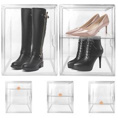 four pairs of high heeled shoes in a clear case