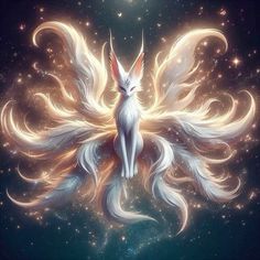 a white cat sitting on top of a star filled sky